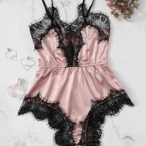 Pink Satin and Black Lace Lingerie Romper
